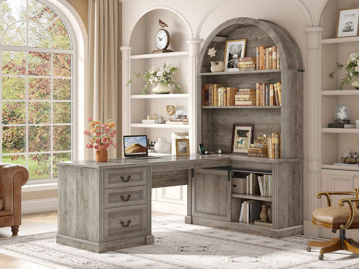 SEDETA 67 Inch Mid-Century Office Computer Desk L Shaped Desk with Tall Arched Bookshelf 3 Drawers  Storage Shelves Sliding Barn Door Power Outlets for Home Office