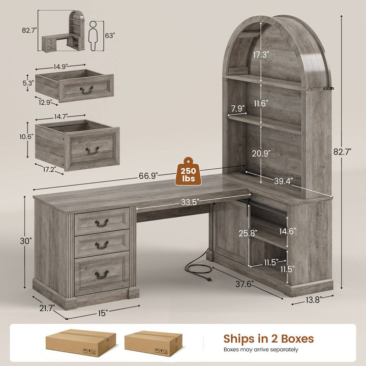 SEDETA 67 Inch Mid-Century Office Computer Desk L Shaped Desk with Tall Arched Bookshelf 3 Drawers  Storage Shelves Sliding Barn Door Power Outlets for Home Office