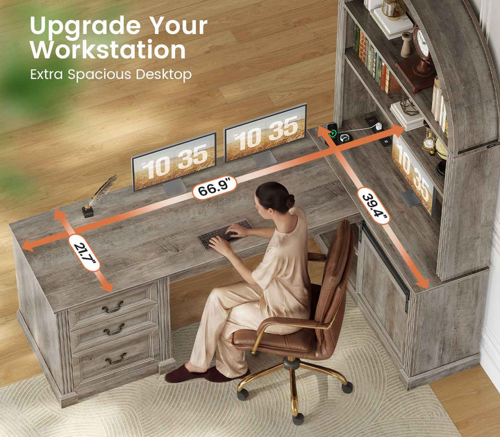 SEDETA 67 Inch Mid-Century Office Computer Desk L Shaped Desk with Tall Arched Bookshelf 3 Drawers  Storage Shelves Sliding Barn Door Power Outlets for Home Office