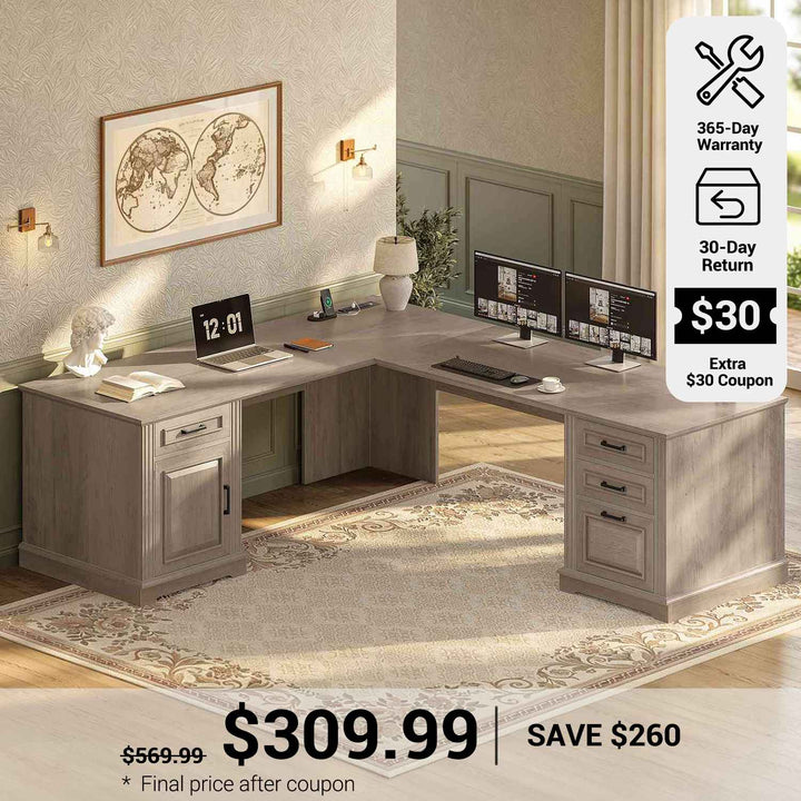 SEDETA® 69 Inch Farmhouse Executive L Shaped Desk Corner Computer Desk with Drawers and Storage Cabinet Power Outlet
