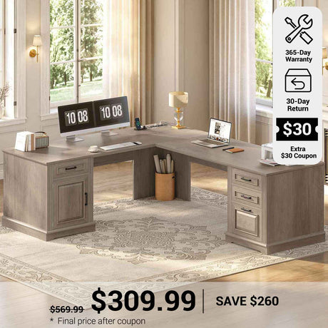 SEDETA® 69 Inch Farmhouse Executive L Shaped Desk Corner Computer Desk with Drawers and Storage Cabinet Power Outlet