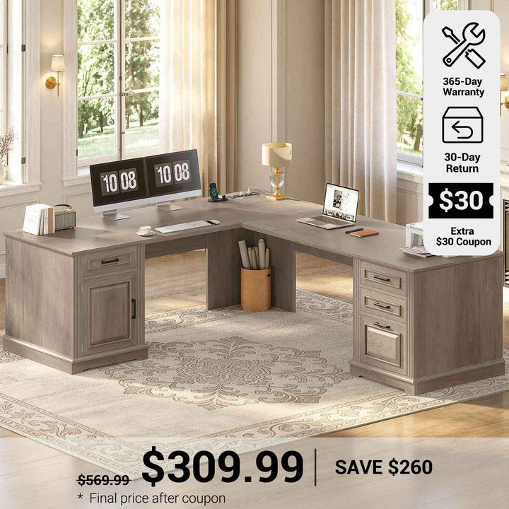SEDETA® 69 Inch Farmhouse Executive L Shaped Desk Corner Computer Desk with Drawers and Storage Cabinet Power Outlet