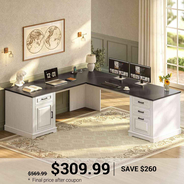 SEDETA® 69 Inch Farmhouse Executive L Shaped Desk Corner Computer Desk with Drawers and Storage Cabinet Power Outlet