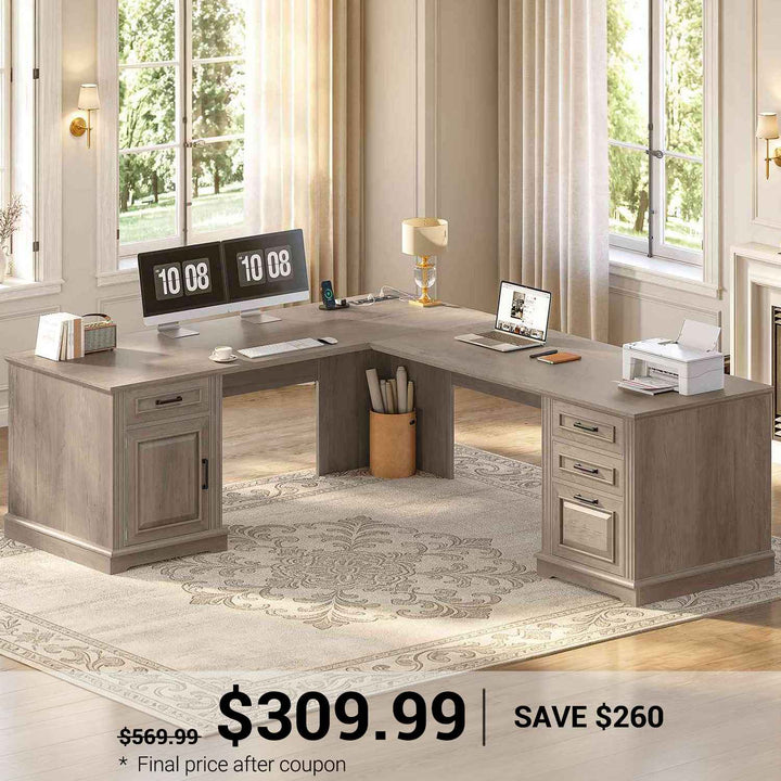 SEDETA® 69 Inch Farmhouse Executive L Shaped Desk Corner Computer Desk with Drawers and Storage Cabinet Power Outlet