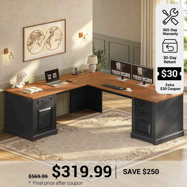 SEDETA 69 Inch Executive L Shaped Computer Desk with Drawers and Storage Cabinet Power Outlets Classical American Style