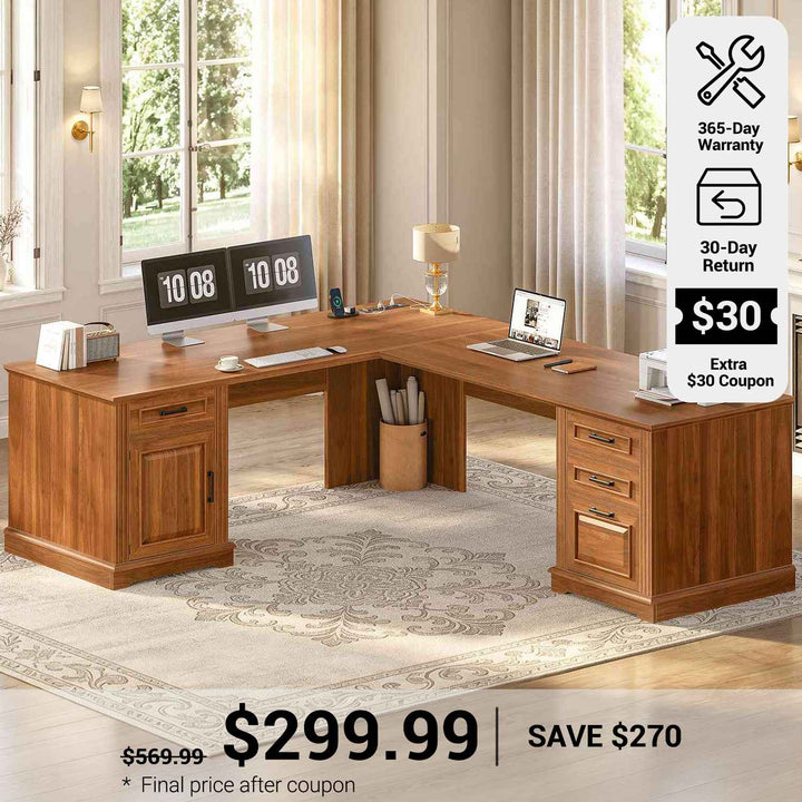 SEDETA | 69 Inch Executive Desk Farmhouse L Shaped Computer Desk with Drawers Storage Cabinet Power Outlet
