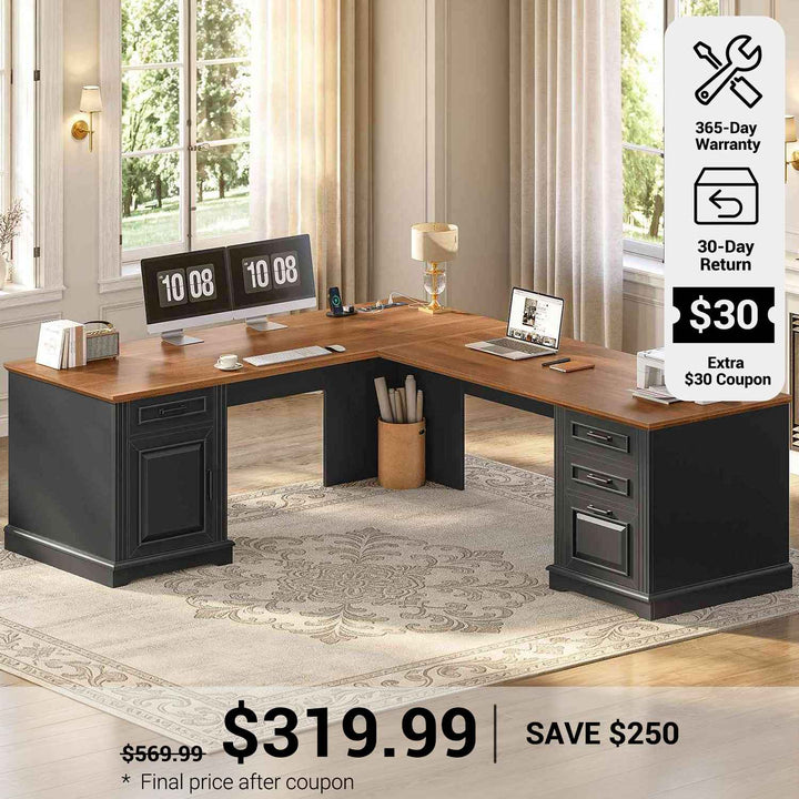 SEDETA 69 Inch Executive L Shaped Computer Desk with Drawers and Storage Cabinet Power Outlets Classical American Style