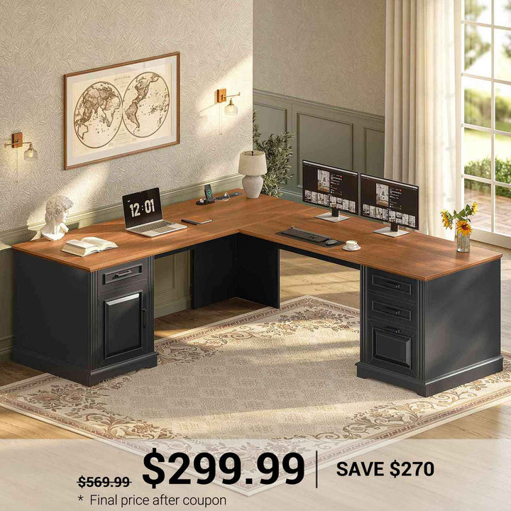 SEDETA | 69 Inch Executive Desk Farmhouse L Shaped Computer Desk with Drawers Storage Cabinet Power Outlet