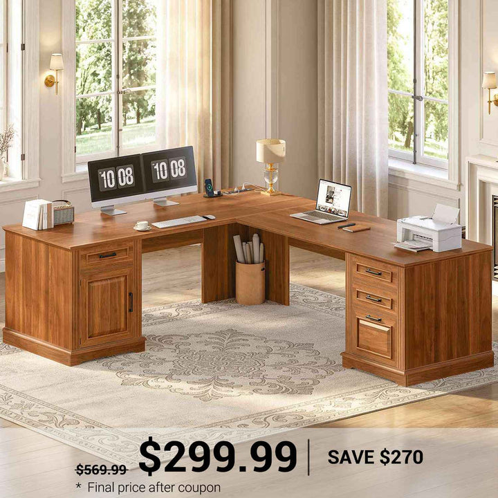 SEDETA | 69 Inch Executive Desk Farmhouse L Shaped Computer Desk with Drawers Storage Cabinet Power Outlet