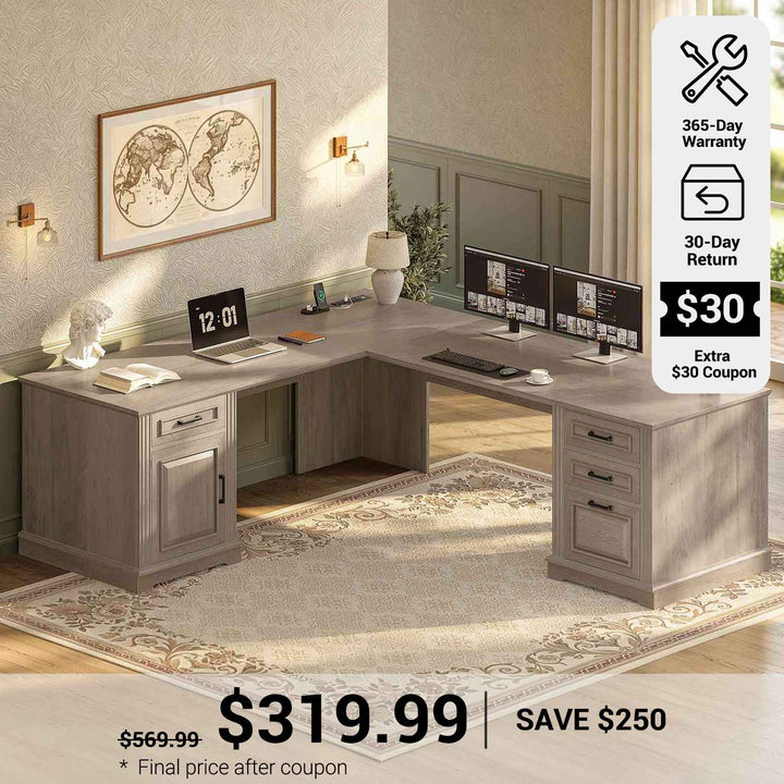 SEDETA 69 Inch Executive L Shaped Computer Desk with Drawers and Storage Cabinet Power Outlets Classical American Style