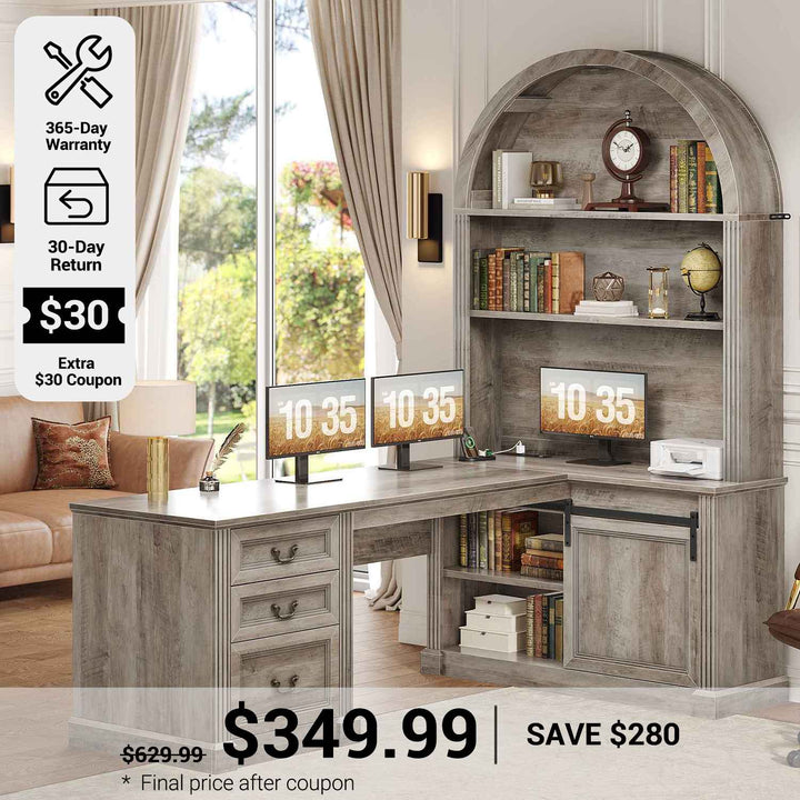 SEDETA 67 Inch Mid-Century Office Computer Desk L Shaped Desk with Tall Arched Bookshelf 3 Drawers  Storage Shelves Sliding Barn Door Power Outlets for Home Office