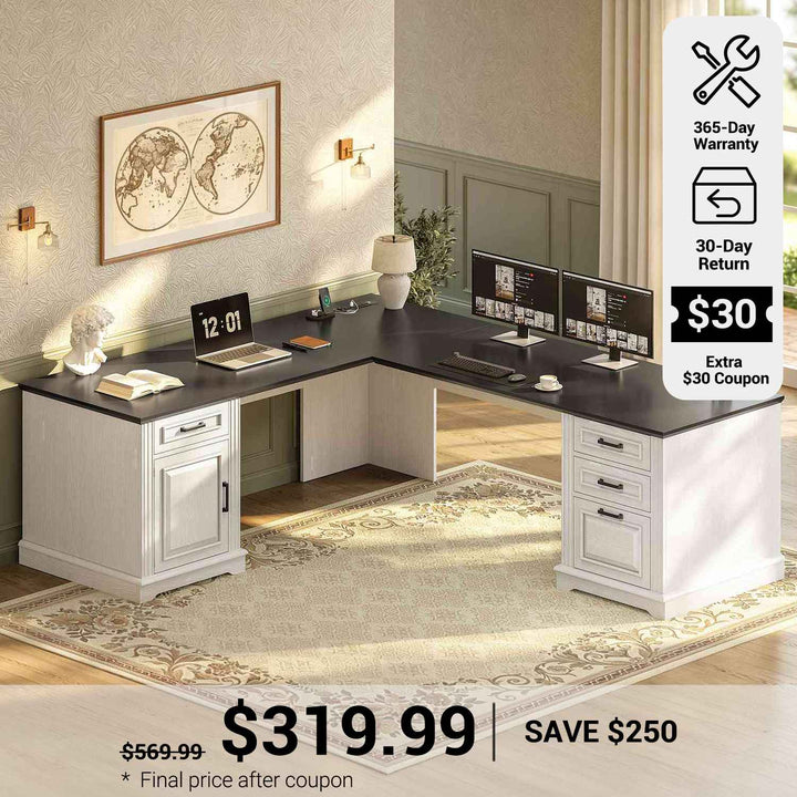 SEDETA 69 Inch Executive L Shaped Computer Desk with Drawers and Storage Cabinet Power Outlets Classical American Style