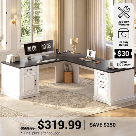 SEDETA 69 Inch Executive L Shaped Computer Desk with Drawers and Storage Cabinet Power Outlets Classical American Style