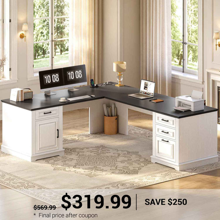 SEDETA 69 Inch Executive L Shaped Computer Desk with Drawers and Storage Cabinet Power Outlets Classical American Style