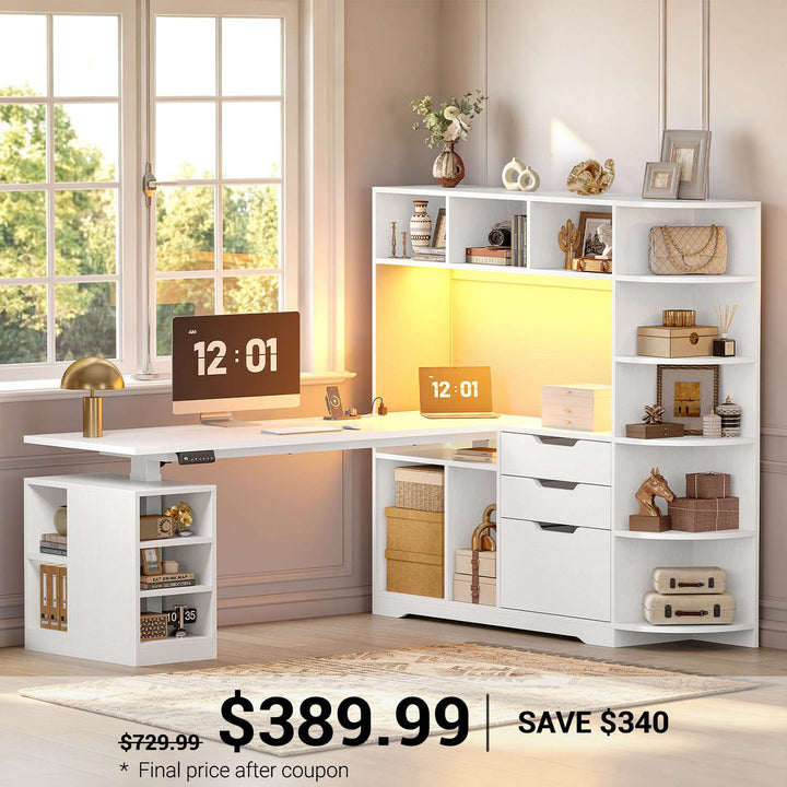SEDETA | 59 Inch Standing Desk with 3 Drawers LED Light and Power Outlet L Shaped Office Stand Up Corner Desk with Hutch Open Shelves and Bookshelves