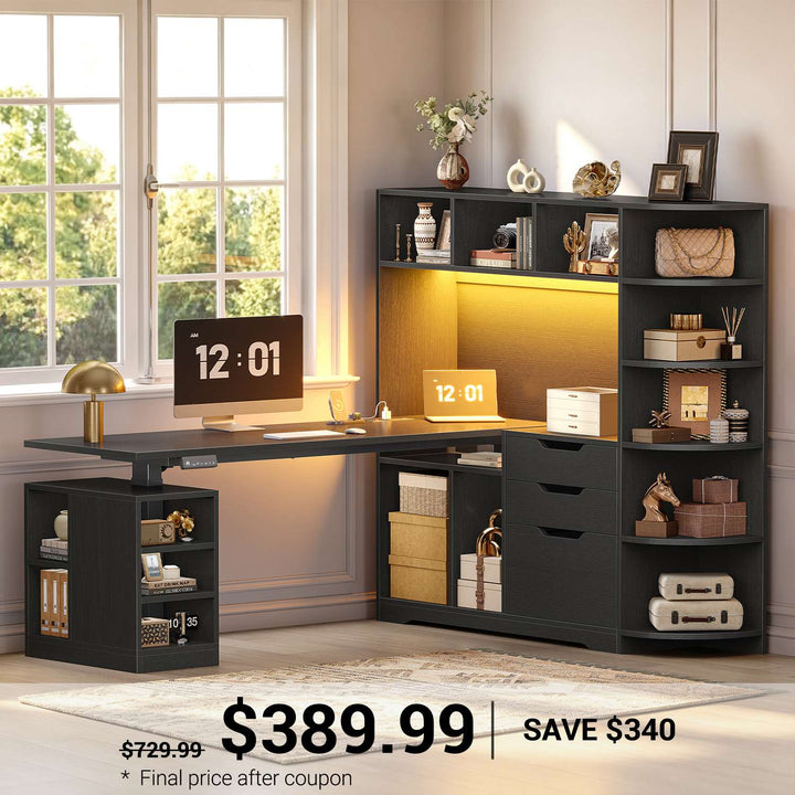 SEDETA | 59 Inch Standing Desk with 3 Drawers LED Light and Power Outlet L Shaped Office Stand Up Corner Desk with Hutch Open Shelves and Bookshelves