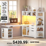 SEDETA 59 Inch L Shaped Standing Desk with 3 Drawers Storage and Bookshelves Office Stand Up Corner Desk with Hutch and Open Shelves LED Light and Power Outlet for Work Writing Study Gaming