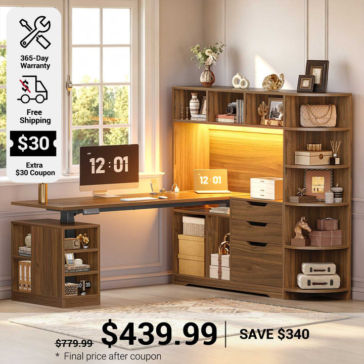 SEDETA 59 Inch L Shaped Standing Desk with 3 Drawers Storage and Bookshelves Office Stand Up Corner Desk with Hutch and Open Shelves LED Light and Power Outlet for Work Writing Study Gaming