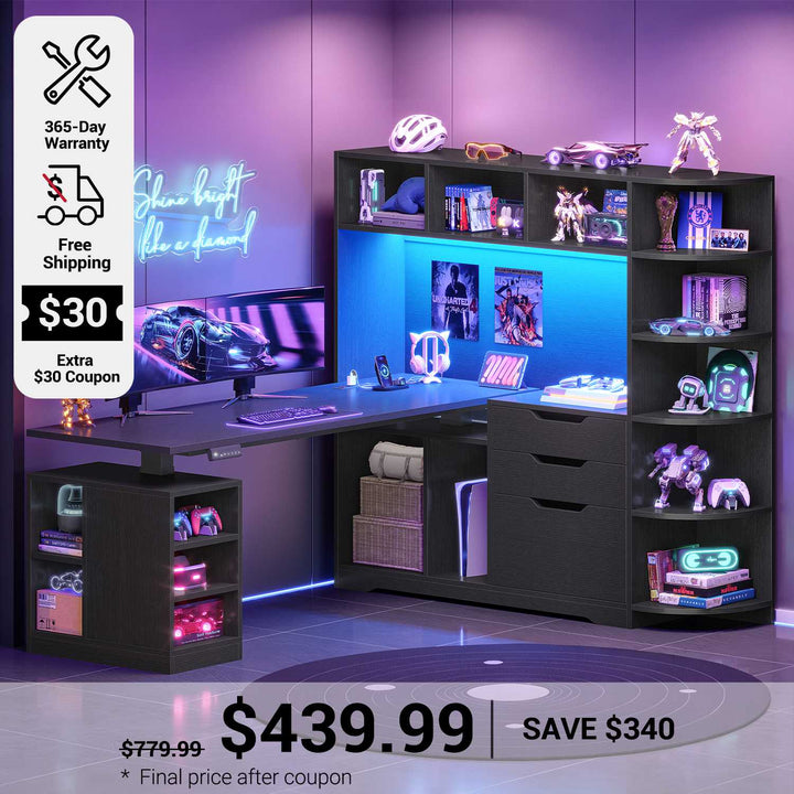 SEDETA 59 Inch L Shaped Standing Desk with 3 Drawers Storage and Bookshelves Office Stand Up Corner Desk with Hutch and Open Shelves LED Light and Power Outlet for Work Writing Study Gaming