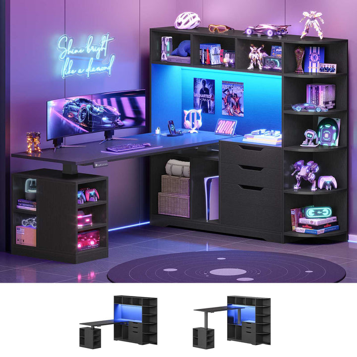 SEDETA | 59 Inch Standing Desk with 3 Drawers LED Light and Power Outlet L Shaped Office Stand Up Corner Desk with Hutch Open Shelves and Bookshelves