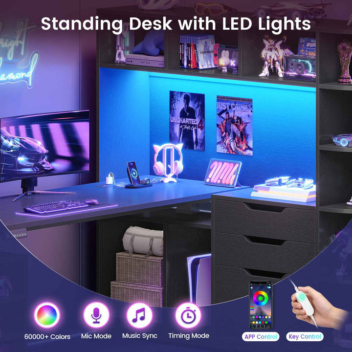 SEDETA | 59 Inch Standing Desk with 3 Drawers LED Light and Power Outlet L Shaped Office Stand Up Corner Desk with Hutch Open Shelves and Bookshelves