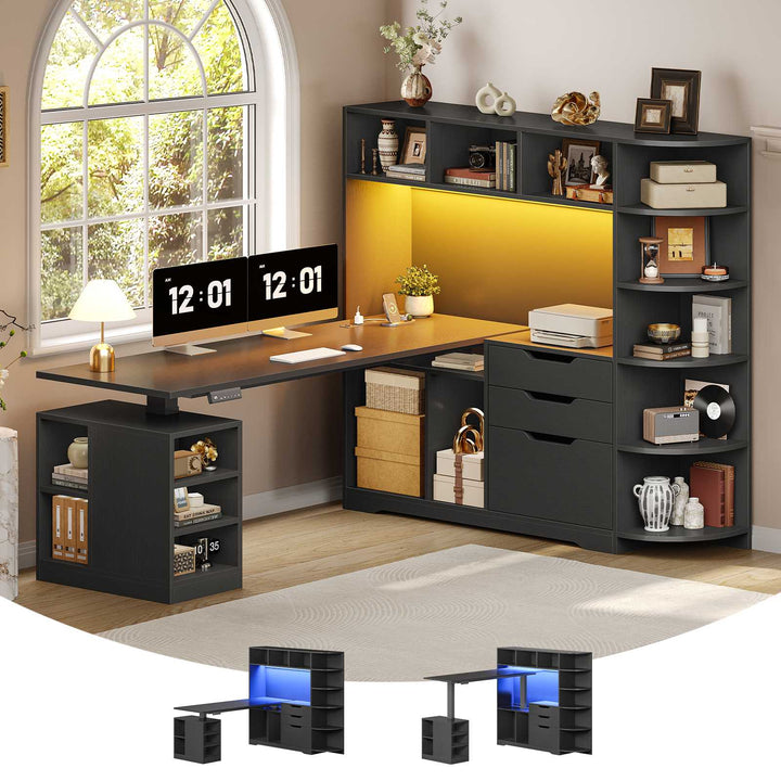 SEDETA | 59 Inch Standing Desk with 3 Drawers LED Light and Power Outlet L Shaped Office Stand Up Corner Desk with Hutch Open Shelves and Bookshelves