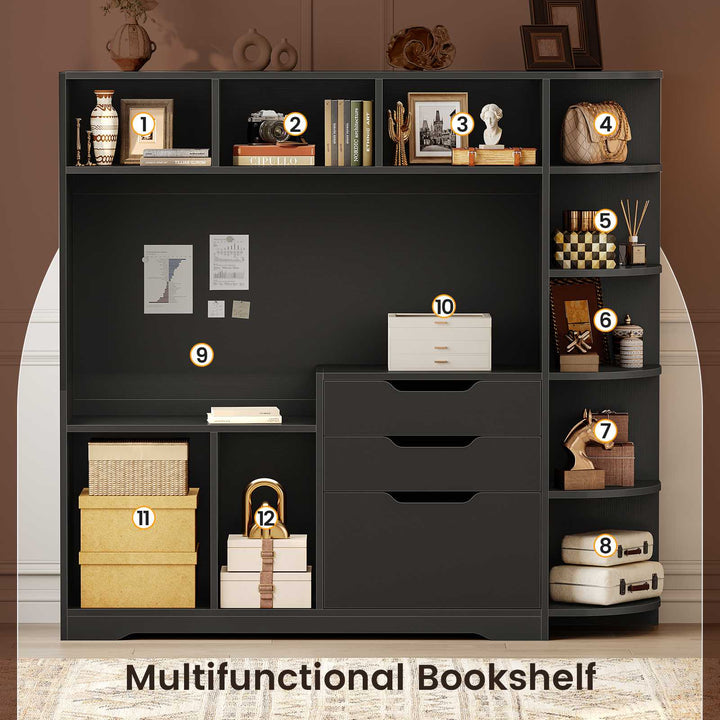 SEDETA | 59 Inch Standing Desk with 3 Drawers LED Light and Power Outlet L Shaped Office Stand Up Corner Desk with Hutch Open Shelves and Bookshelves