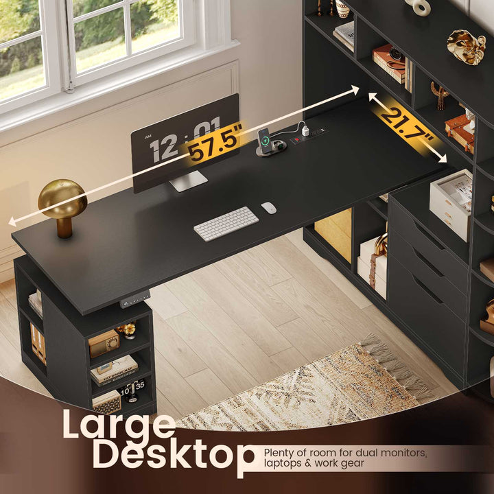 SEDETA | 59 Inch Standing Desk with 3 Drawers LED Light and Power Outlet L Shaped Office Stand Up Corner Desk with Hutch Open Shelves and Bookshelves