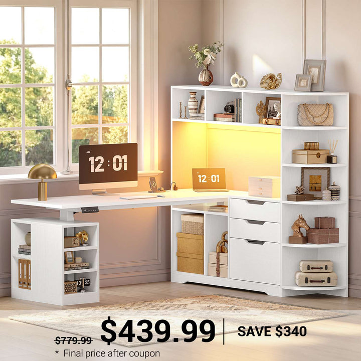 SEDETA 59 Inch L Shaped Standing Desk with 3 Drawers Storage and Bookshelves Office Stand Up Corner Desk with Hutch and Open Shelves LED Light and Power Outlet for Work Writing Study Gaming