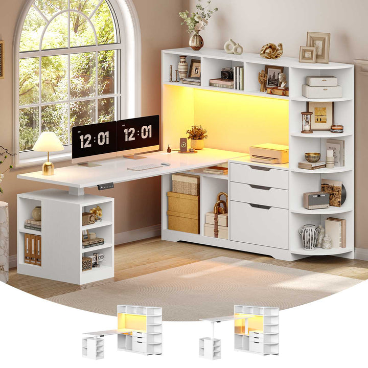 SEDETA | 59 Inch Standing Desk with 3 Drawers LED Light and Power Outlet L Shaped Office Stand Up Corner Desk with Hutch Open Shelves and Bookshelves