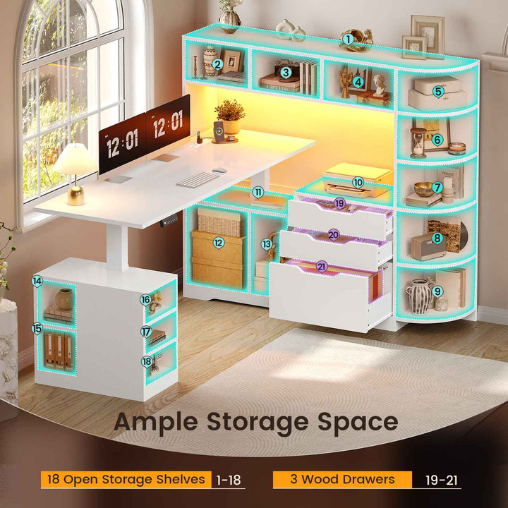 SEDETA | 59 Inch Standing Desk with 3 Drawers LED Light and Power Outlet L Shaped Office Stand Up Corner Desk with Hutch Open Shelves and Bookshelves