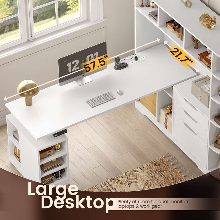 SEDETA | 59 Inch Standing Desk with 3 Drawers LED Light and Power Outlet L Shaped Office Stand Up Corner Desk with Hutch Open Shelves and Bookshelves