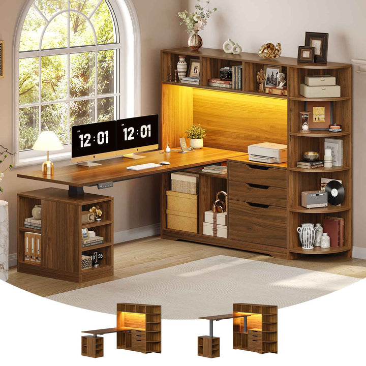 SEDETA | 59 Inch Standing Desk with 3 Drawers LED Light and Power Outlet L Shaped Office Stand Up Corner Desk with Hutch Open Shelves and Bookshelves