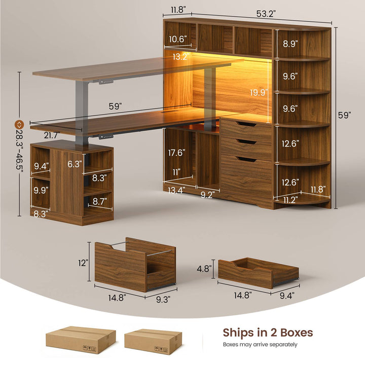 SEDETA | 59 Inch Standing Desk with 3 Drawers LED Light and Power Outlet L Shaped Office Stand Up Corner Desk with Hutch Open Shelves and Bookshelves