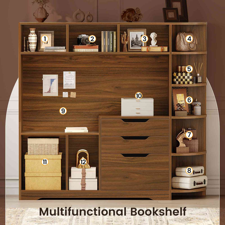 SEDETA | 59 Inch Standing Desk with 3 Drawers LED Light and Power Outlet L Shaped Office Stand Up Corner Desk with Hutch Open Shelves and Bookshelves