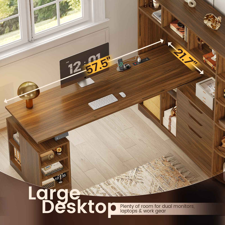 SEDETA | 59 Inch Standing Desk with 3 Drawers LED Light and Power Outlet L Shaped Office Stand Up Corner Desk with Hutch Open Shelves and Bookshelves