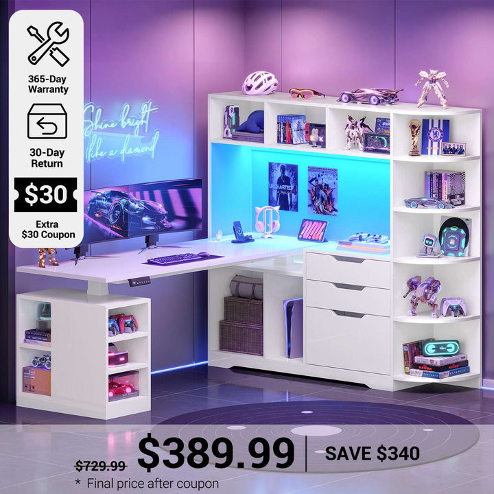 SEDETA® 59 Inch L Shaped Standing Desk with 3 Drawers LED Light and Bookshelves Office Stand Up Corner Desk with Hutch Open Shelves and Power Outlet