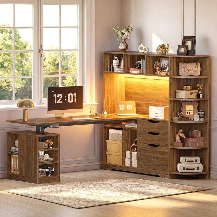 SEDETA | 59 Inch Standing Desk with 3 Drawers LED Light and Power Outlet L Shaped Office Stand Up Corner Desk with Hutch Open Shelves and Bookshelves