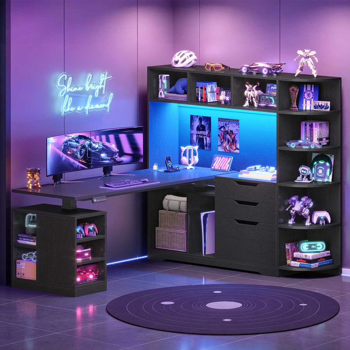 SEDETA | 59 Inch Standing Desk with 3 Drawers LED Light and Power Outlet L Shaped Office Stand Up Corner Desk with Hutch Open Shelves and Bookshelves