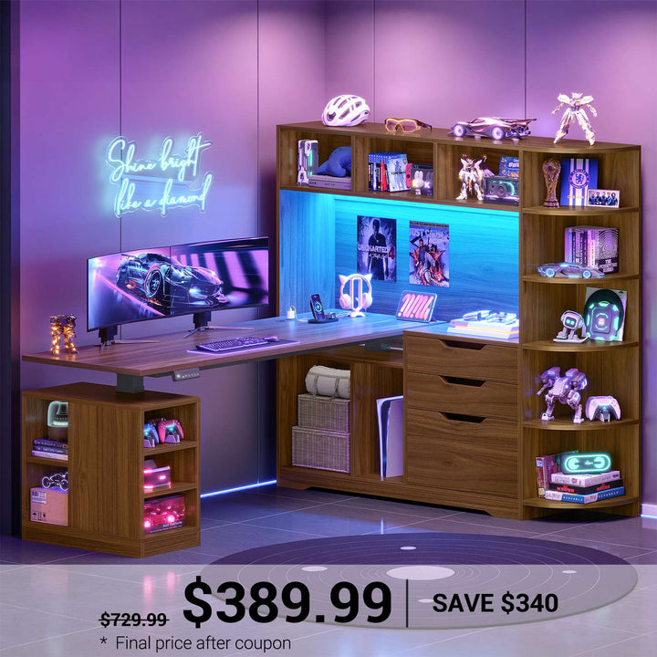 SEDETA | 59 Inch Standing Desk with 3 Drawers LED Light and Power Outlet L Shaped Office Stand Up Corner Desk with Hutch Open Shelves and Bookshelves