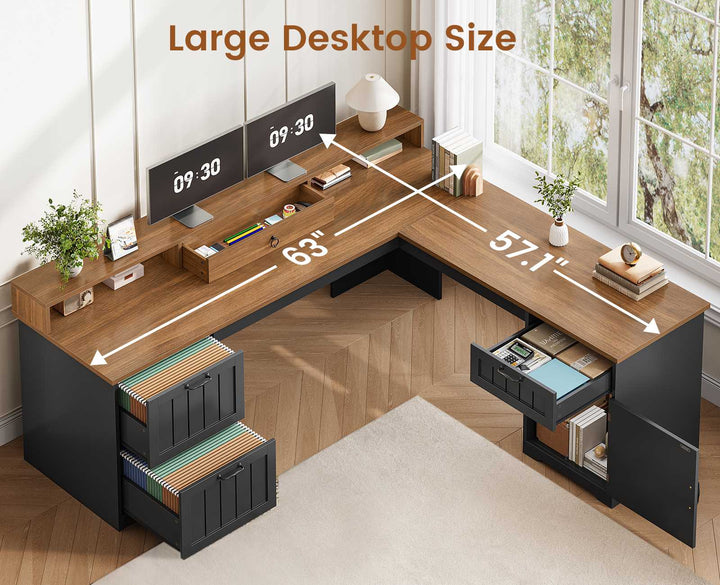 SEDETA 63 Inch Farmhouse Corner Computer Desk L Shaped Wood Desk with File Drawers Storage Monitor Stand for Home Office
