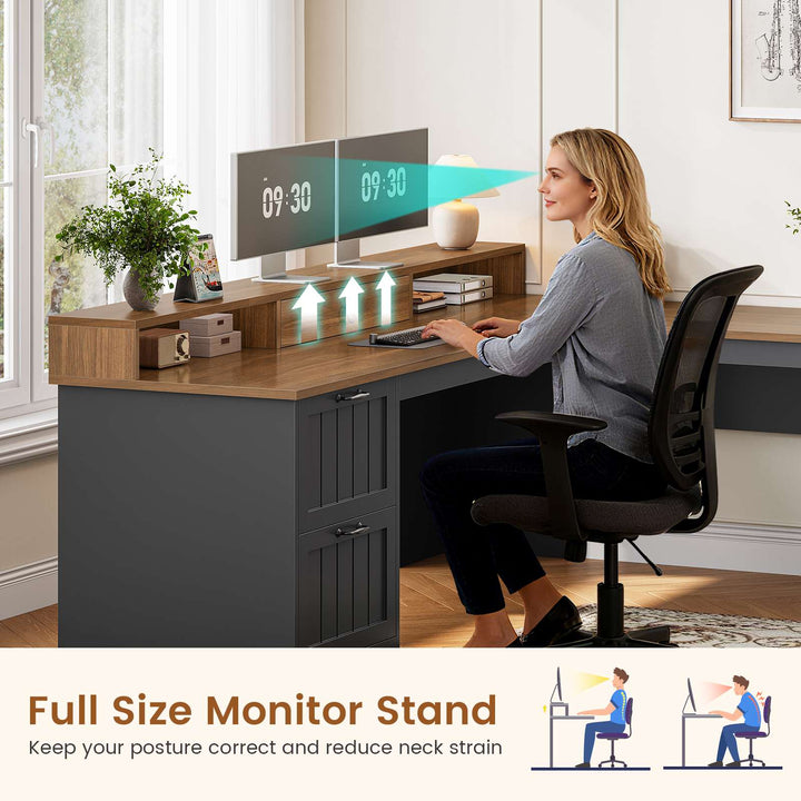 SEDETA 63 Inch Farmhouse Corner Computer Desk L Shaped Wood Desk with File Drawers Storage Monitor Stand for Home Office