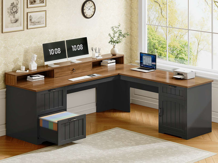 SEDETA 63 Inch Farmhouse Corner Computer Desk L Shaped Wood Desk with File Drawers Storage Monitor Stand for Home Office