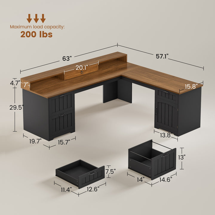 SEDETA 63 Inch Farmhouse Corner Computer Desk L Shaped Wood Desk with File Drawers Storage Monitor Stand for Home Office