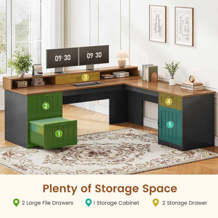 SEDETA 63 Inch Farmhouse Corner Computer Desk L Shaped Wood Desk with File Drawers Storage Monitor Stand for Home Office