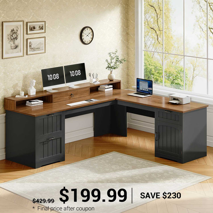 SEDETA® 63 Inch Farmhouse L Shaped Computer Desk Wood Ergonomic Office Desk with Storage File Drawers Monitor Stand