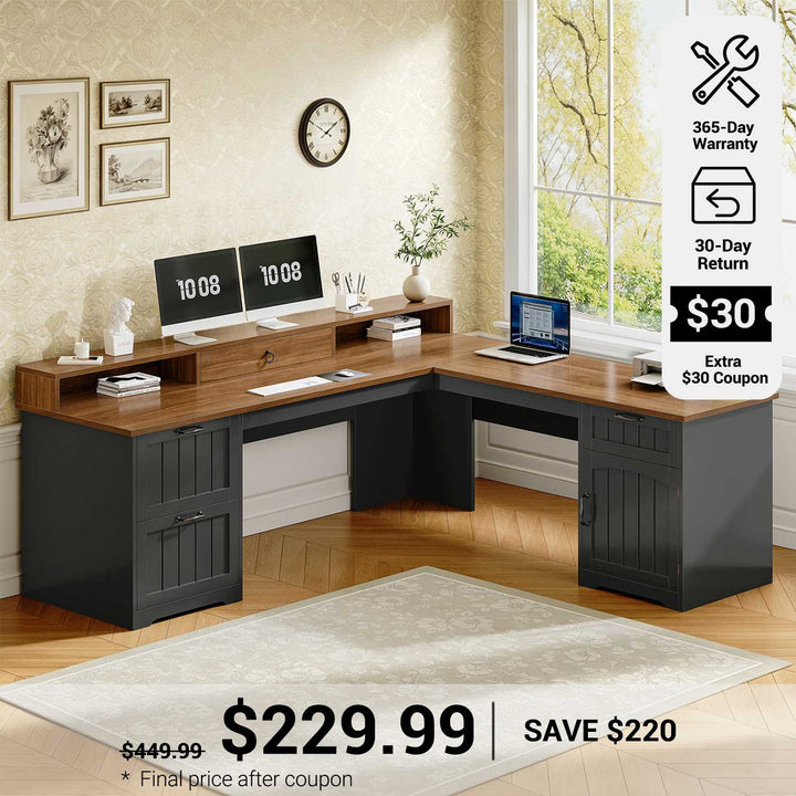 SEDETA 63 Inch Farmhouse Corner Computer Desk L Shaped Wood Desk with File Drawers Storage Monitor Stand for Home Office
