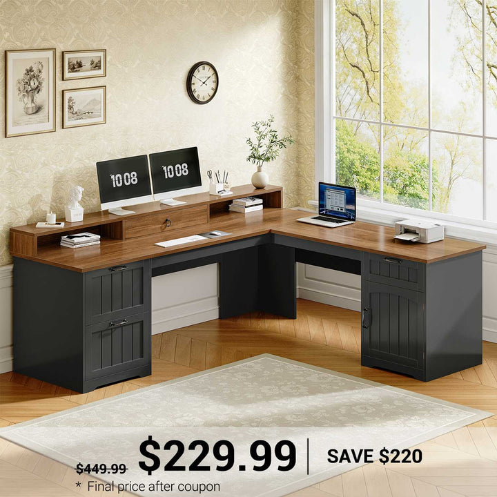 SEDETA 63 Inch Farmhouse Corner Computer Desk L Shaped Wood Desk with File Drawers Storage Monitor Stand for Home Office
