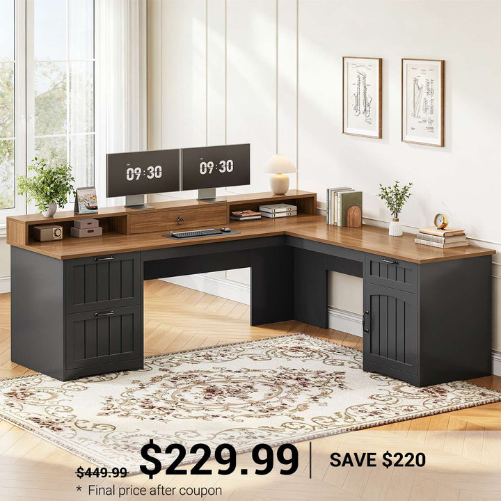 SEDETA 63 Inch Farmhouse Corner Computer Desk L Shaped Wood Desk with File Drawers Storage Monitor Stand for Home Office