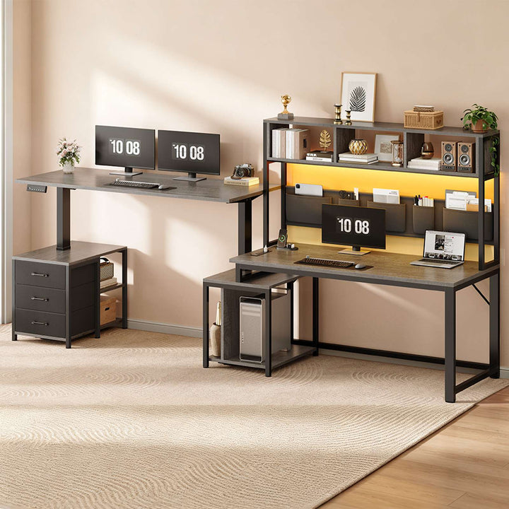 SEDETA 94.5 Inch Reversible Height Adjustable Desk with CPU Stand and Storage Shelves L Shaped Standing Gaming Desk with 3 Drawers LED Light Storage Bag Corner Desk with Power Outlet and Display Cubbies
